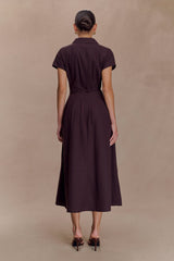 Aysha Düğmeli Keten Midi Elbise - Çikolata