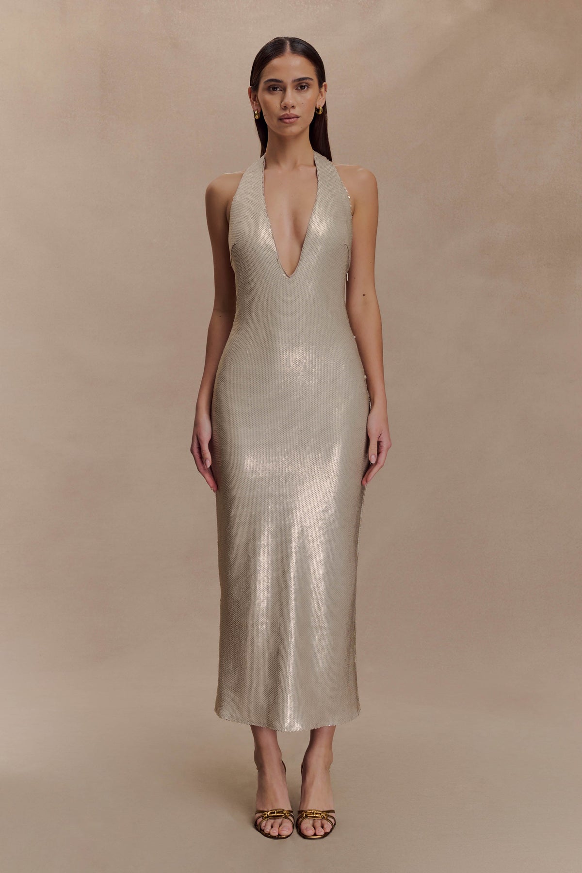 Karanfil Payetli Askılı Midi Elbise - Altın