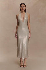 Karanfil Payetli Askılı Midi Elbise - Altın