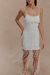 Tove El Örgüsü Çiçekli Mini Elbise - Beyaz