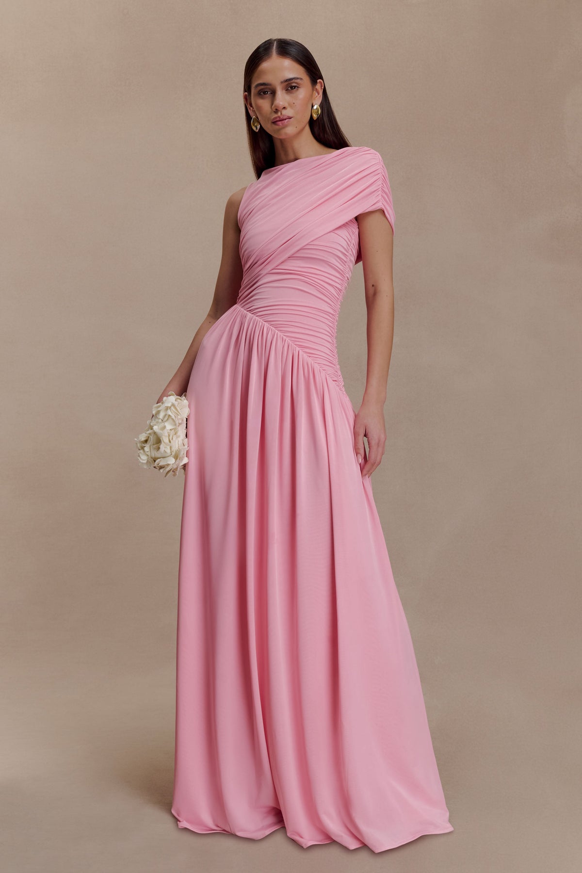 Ayeshya Slinky Asimetrik Uzun Elbise - Şeker Pembesi