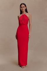 Elina Saten Kolyeli Uzun Elbise - Kırmızı