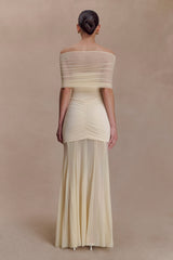 Caspian Slinky Ve Fileli Omuz Açık Uzun Elbise - Fildişi