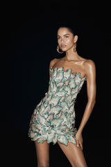 Juniper El İşlemeli Çiçekli Mini Elbise - Altın/Turkuaz