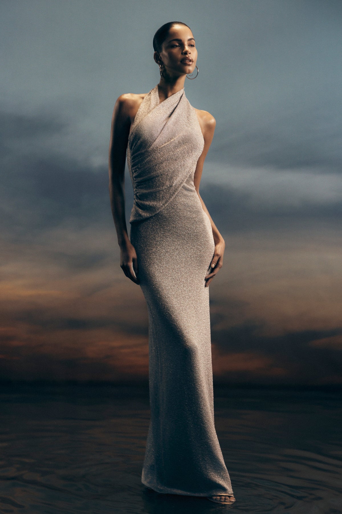 Elma Lurex Örgü Askılı Uzun Elbise - Gümüş