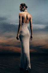 Elma Lurex Örgü Askılı Uzun Elbise - Gümüş