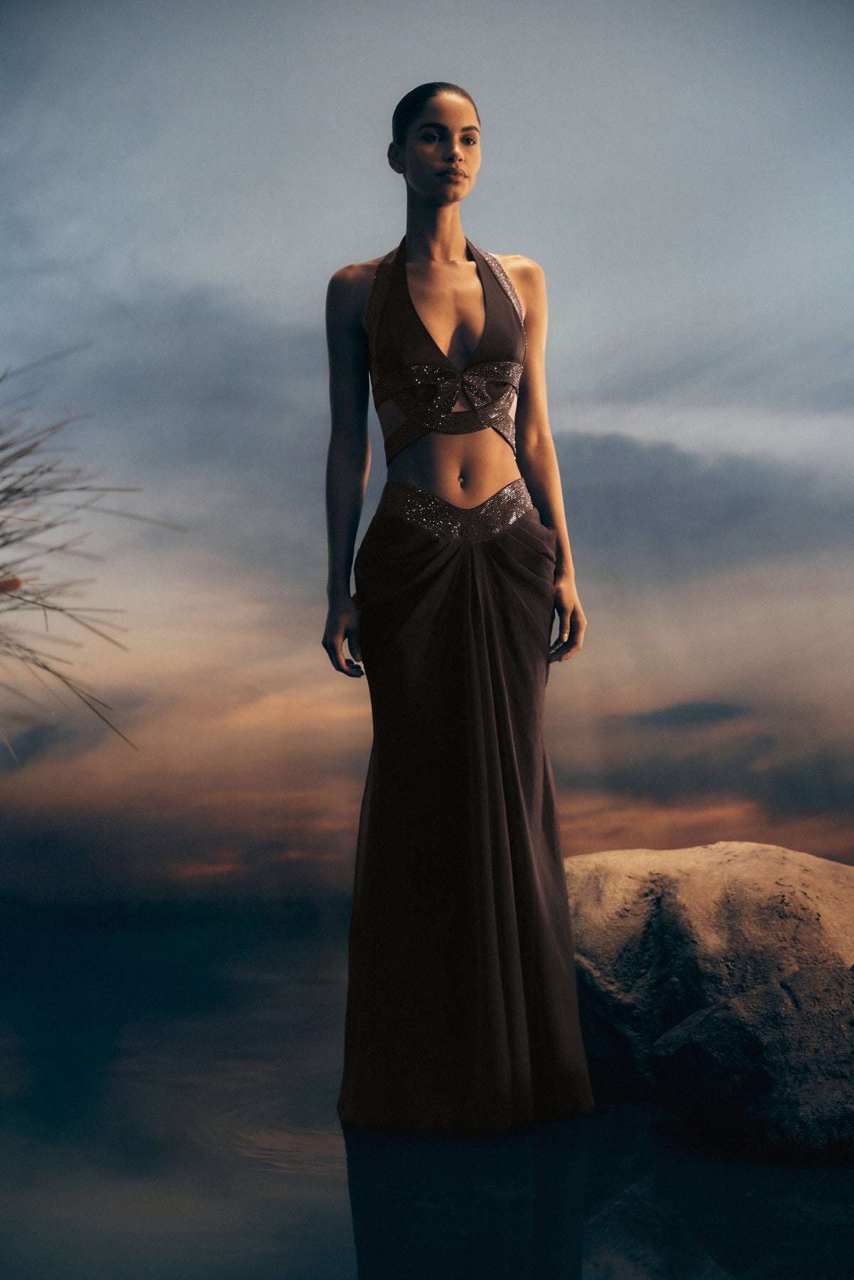 Siren Saten Ve Pırlanta Uzun Etek - Koyu Çikolata