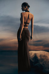 Siren Saten Ve Pırlanta Uzun Etek - Koyu Çikolata