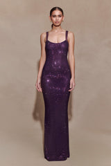 Jasmyn Hot Fix File Sırtlı Uzun Elbise - Mor