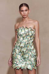 Juniper El İşlemeli Çiçekli Mini Elbise - Altın/Turkuaz