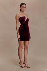 Paulina Kadife Askısız Mini Elbise - Şarap