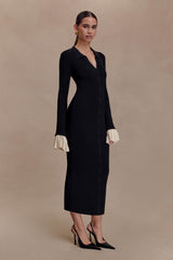 Amirose Volanlı Örgü Midi Elbise - Siyah