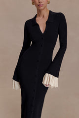 Amirose Volanlı Örgü Midi Elbise - Siyah