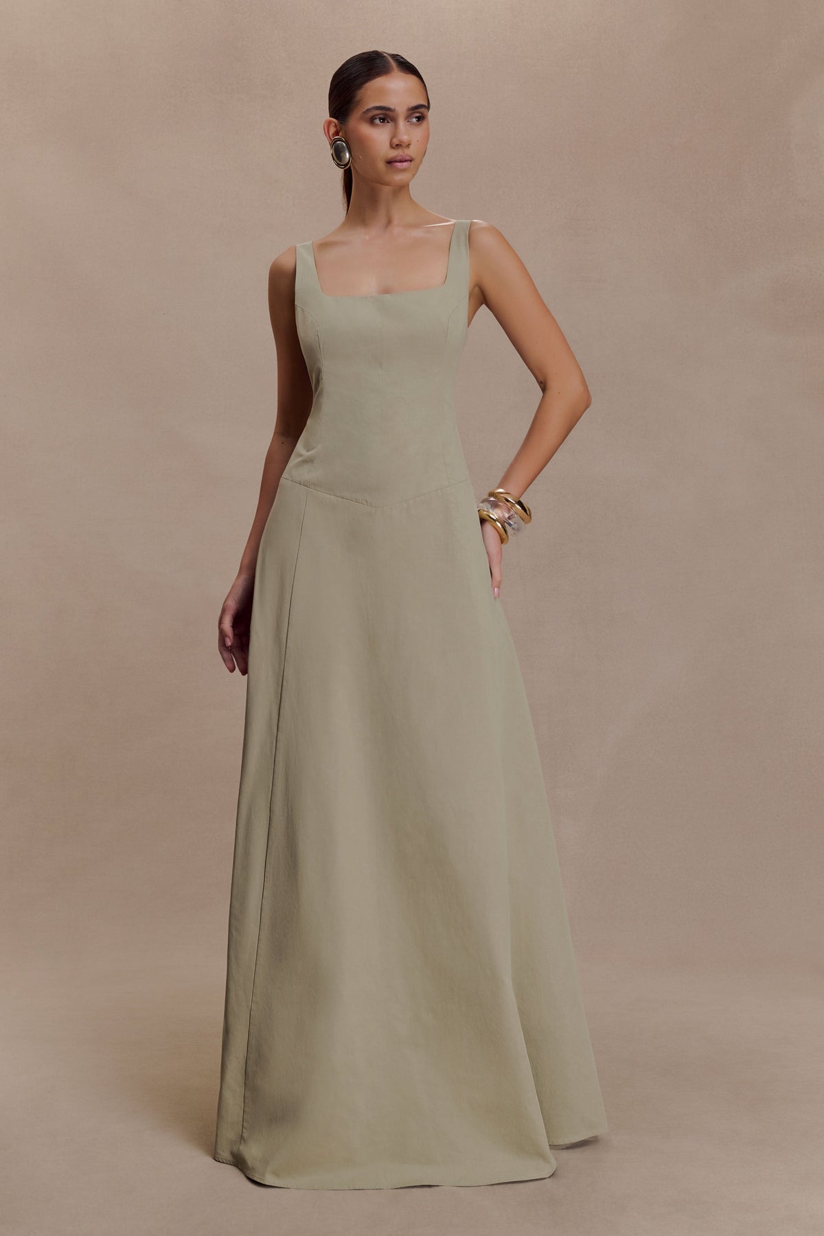 Salma Düşük Bel Pamuklu Uzun Elbise - Sage