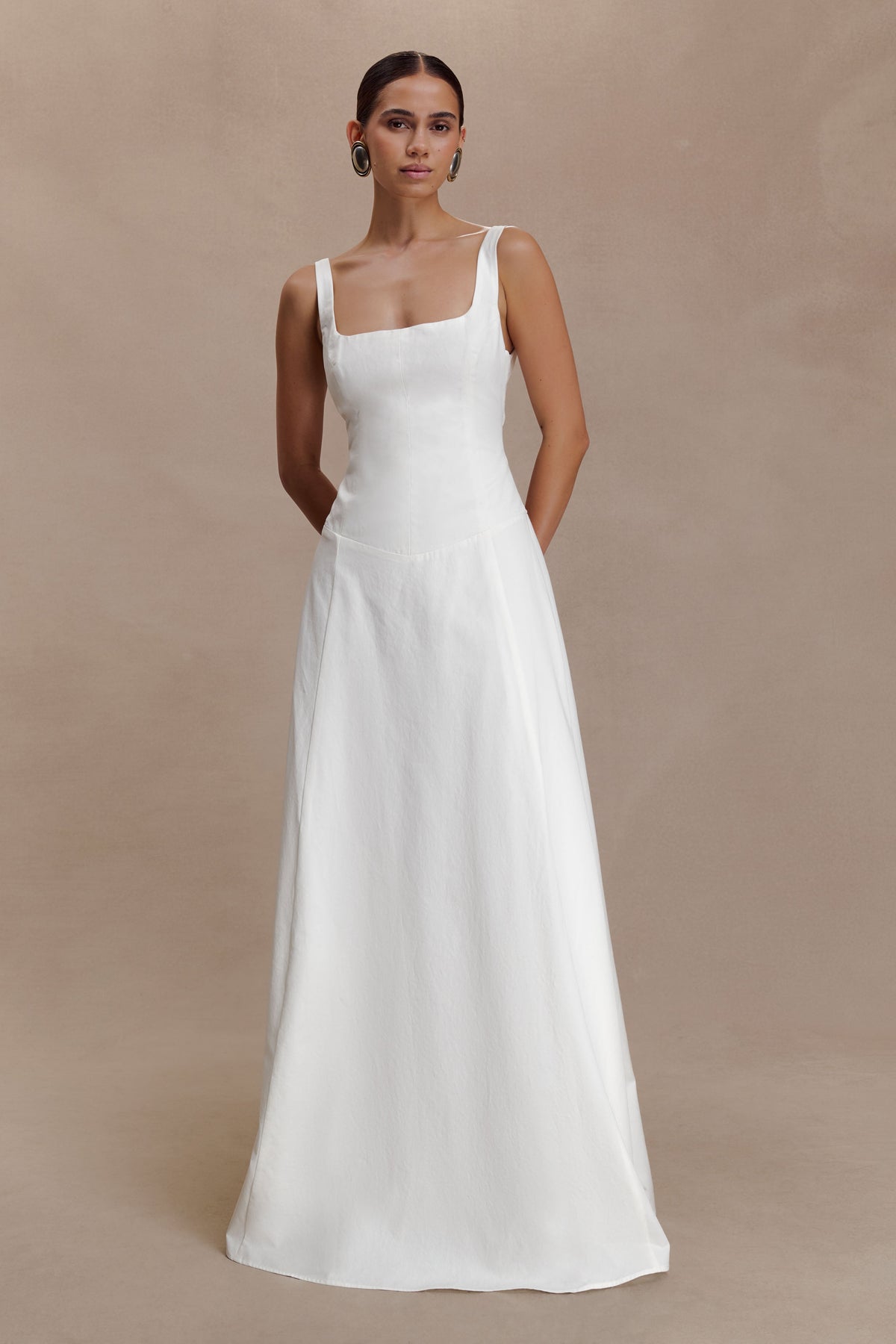 Salma Düşük Bel Pamuklu Uzun Elbise - Beyaz