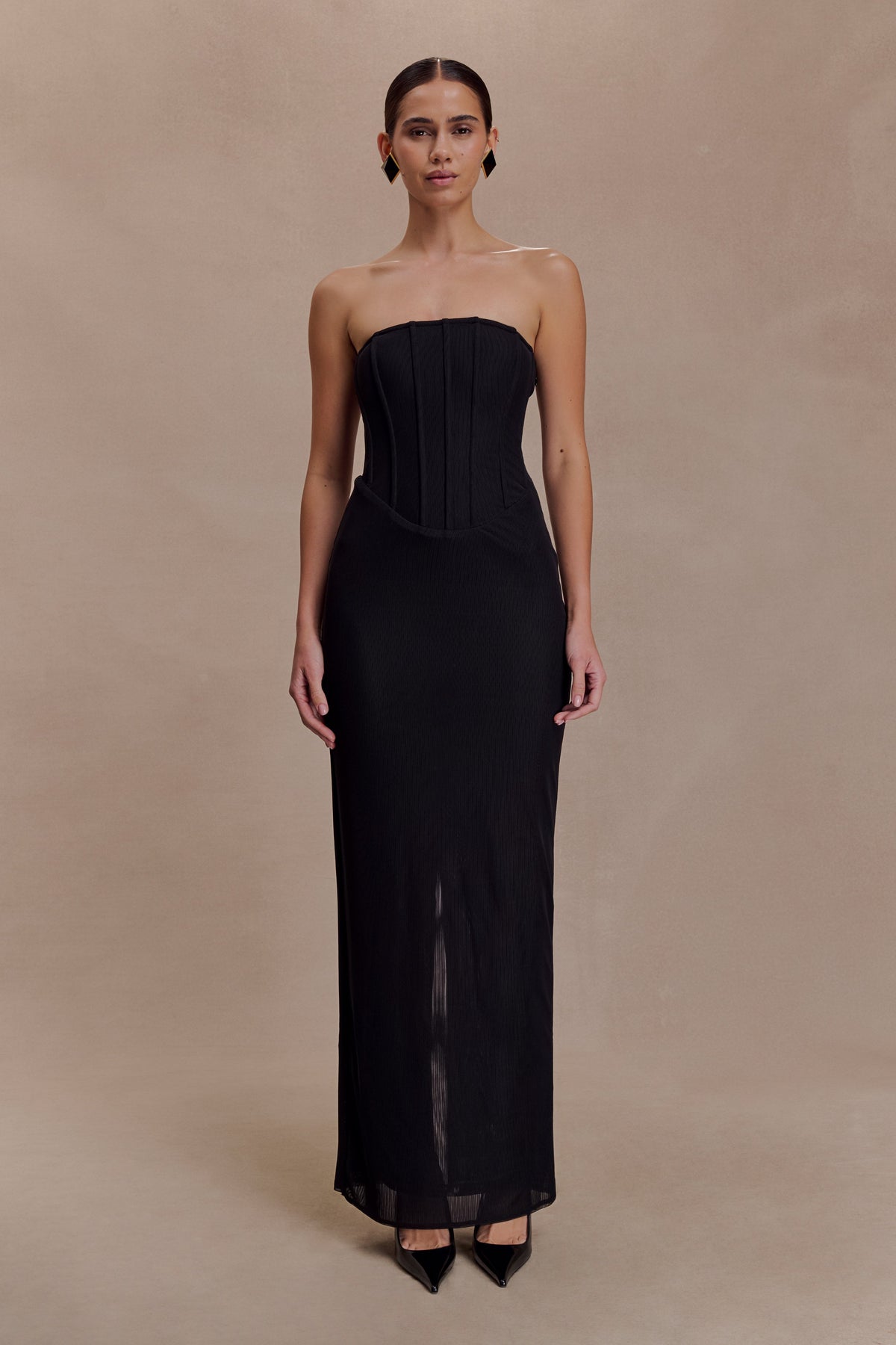 Gemma Straplez File Uzun Elbise - Siyah