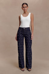 Alima Orta Bel Stud Kot Pantolon - Yıkanmış Çivit Mavisi