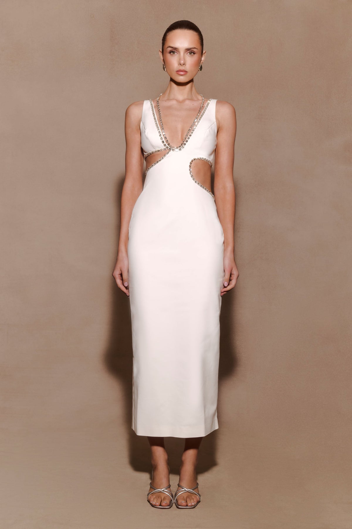 Henny Diamante Trim Cut Out Midi Elbise - Beyaz