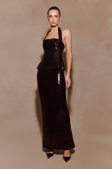 Bertie Payetli Peplum Askılı Uzun Elbise - Siyah