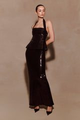 Bertie Payetli Peplum Askılı Uzun Elbise - Siyah