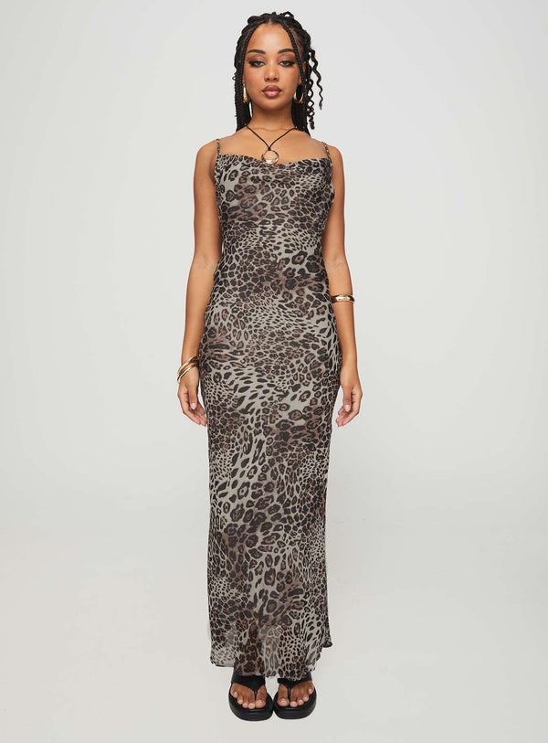 Declynn Bias Cut Maxi Elbise Leopar