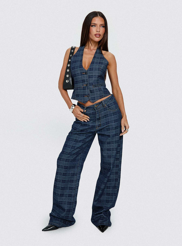 Üst Model Düşük Bel Düz Paça Kot Pantolon Indigo Plaid