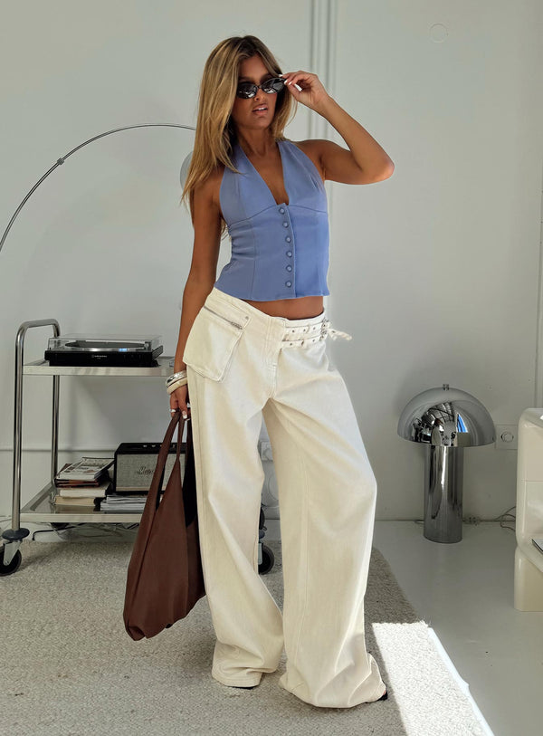 Paltrow Orta Bel Geniş Paça Kargo Pantolon Krem Petite