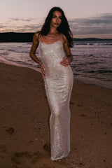 Jasmyn Hot Fix Fileli Sırtlı Uzun Elbise - Ten Rengi