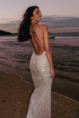 Jasmyn Hot Fix Fileli Sırtlı Uzun Elbise - Ten Rengi