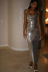 Adoria Payetli Kesim Uzun Elbise - Gümüş