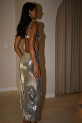 Adoria Payetli Kesim Uzun Elbise - Gümüş