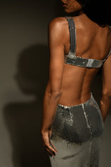 Adoria Payetli Kesim Uzun Elbise - Gümüş