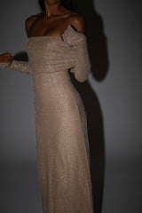 Marcel Omuz Açık Pırlantalı Uzun Elbise - Ten Rengi