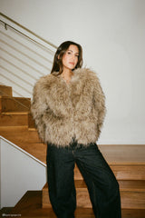 Ottie Moğol Suni Kürk Kısa Ceket - Kahverengi Çok Renkli