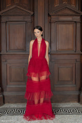 Minka Mesh Ruffle Halter Maxi Elbise - Kırmızı