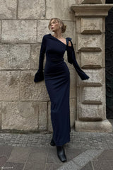 Nicola Tek Omuzlu Krep Uzun Elbise - Koyu Lacivert