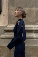 Nicola Tek Omuzlu Krep Uzun Elbise - Koyu Lacivert