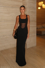 Marlon Krep Ve File Uzun Elbise - Siyah