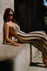 Çoban Tığ İşi Askılı Uzun Elbise - Altın/Siyah