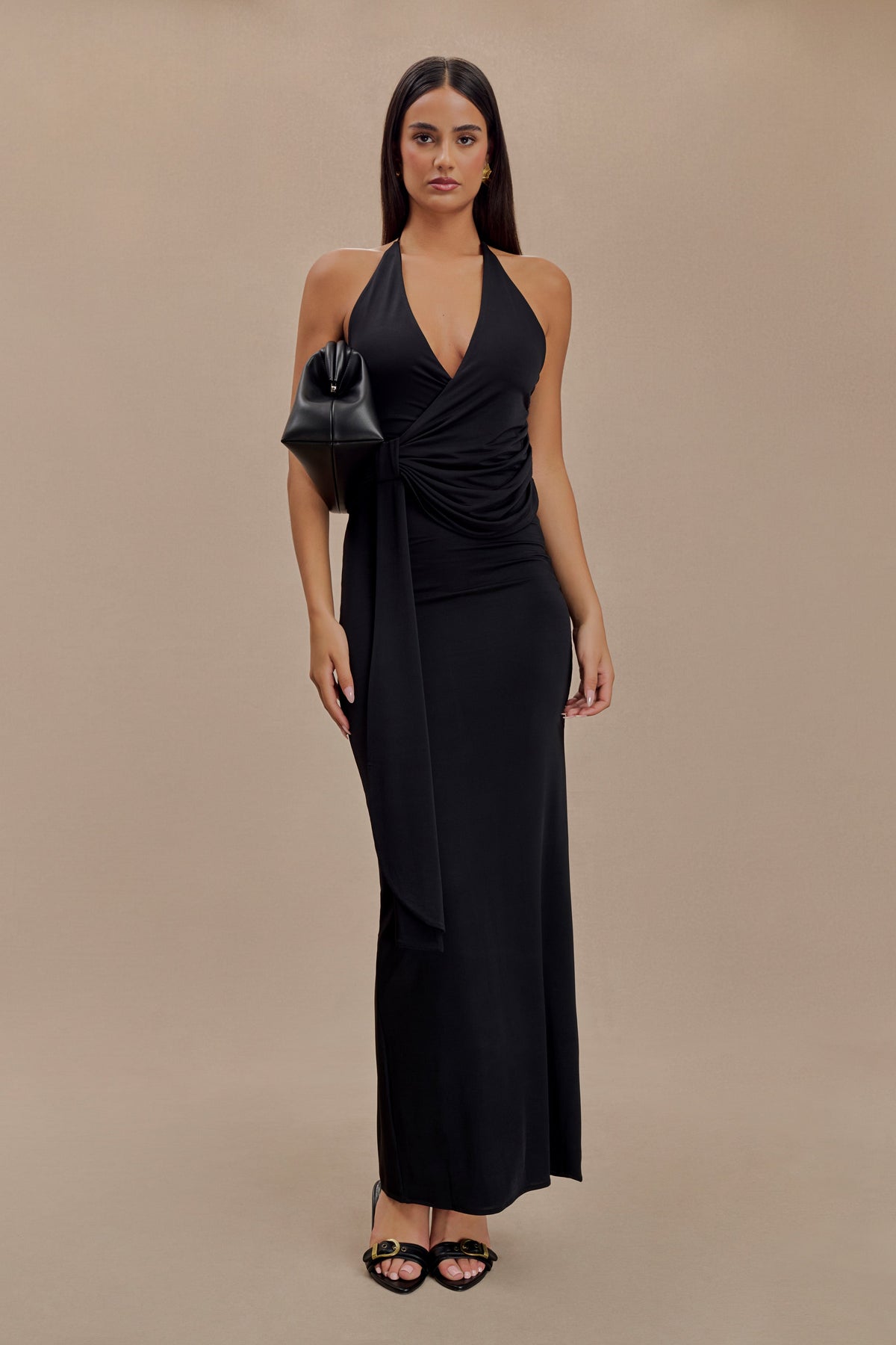 Tyla Draped Slinky Halter Maxi Elbise - Siyah