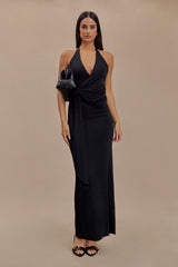 Tyla Draped Slinky Halter Maxi Elbise - Siyah
